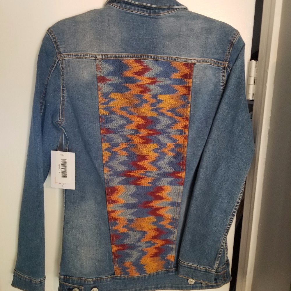 LuLaRoe Jaxon Denim Jacket Aztec Stitching Small